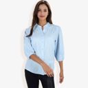 Blue Large 3/4 Sleeve Button Down Shirt With Embroidered Eyelet Details And V-Neck Collar