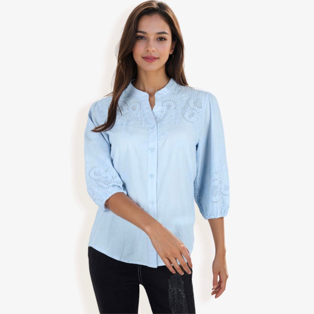 3/4 Sleeve Button Down Shirt With Embroidered Eyelet Details And V-Neck Collar