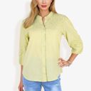 Green Large 3/4 Sleeve Button Down Shirt With Embroidered Eyelet Details And V-Neck Collar