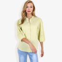 Green Large 3/4 Sleeve Button Down Shirt With Embroidered Eyelet Details And V-Neck Collar