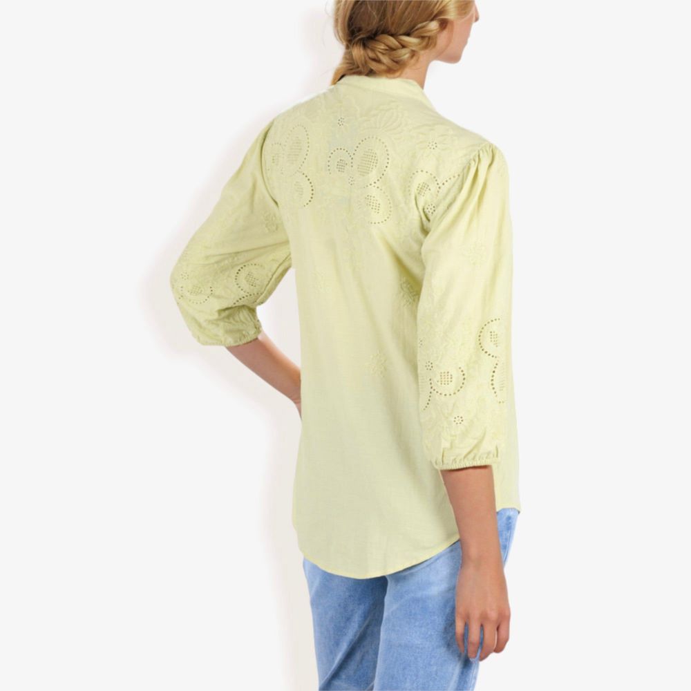 3/4 Sleeve Button Down Shirt With Embroidered Eyelet Details And V-Neck Collar