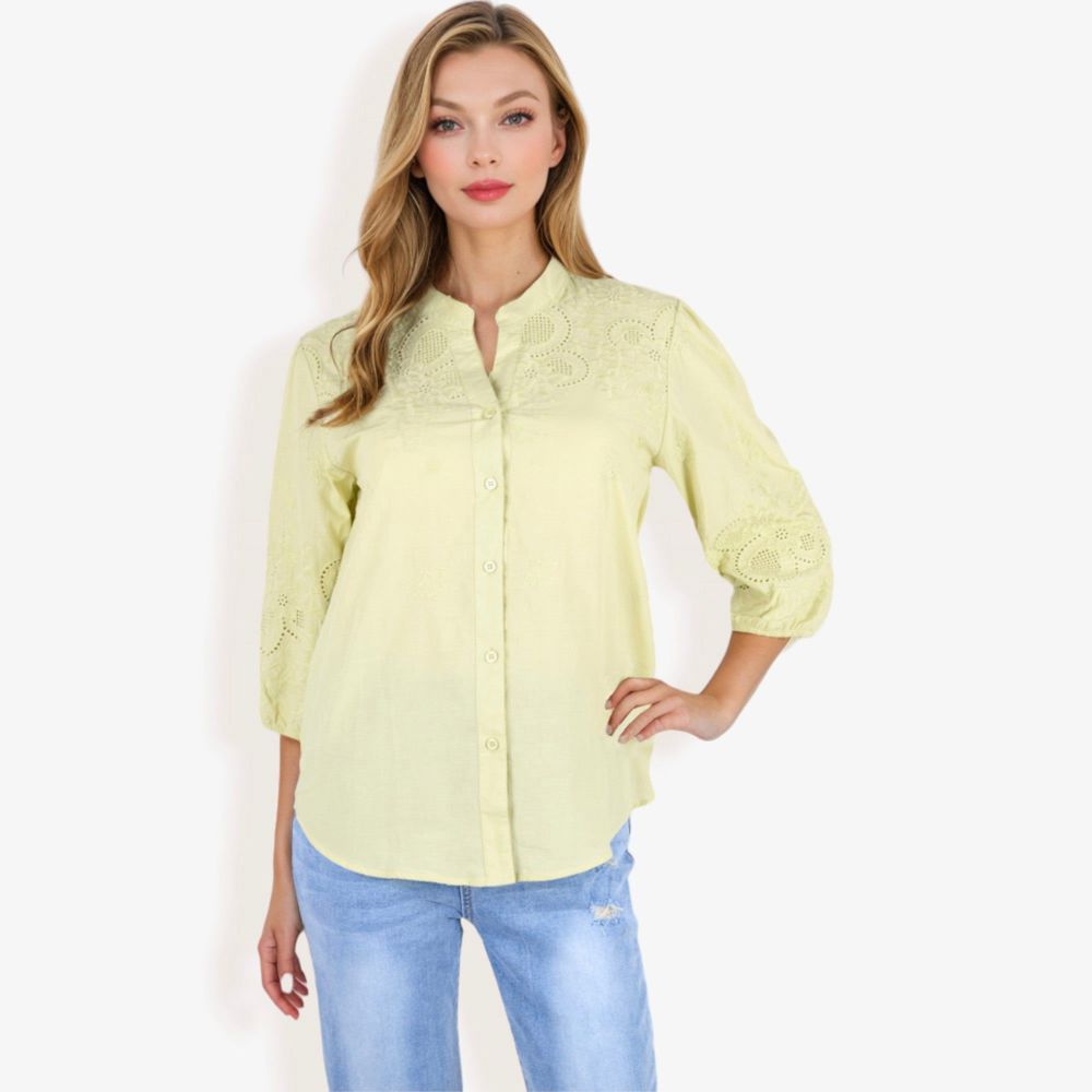 3/4 Sleeve Button Down Shirt With Embroidered Eyelet Details And V-Neck Collar