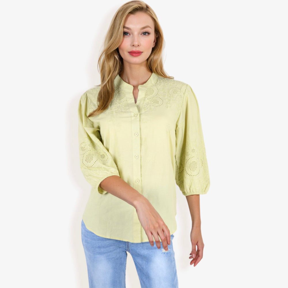 3/4 Sleeve Button Down Shirt With Embroidered Eyelet Details And V-Neck Collar