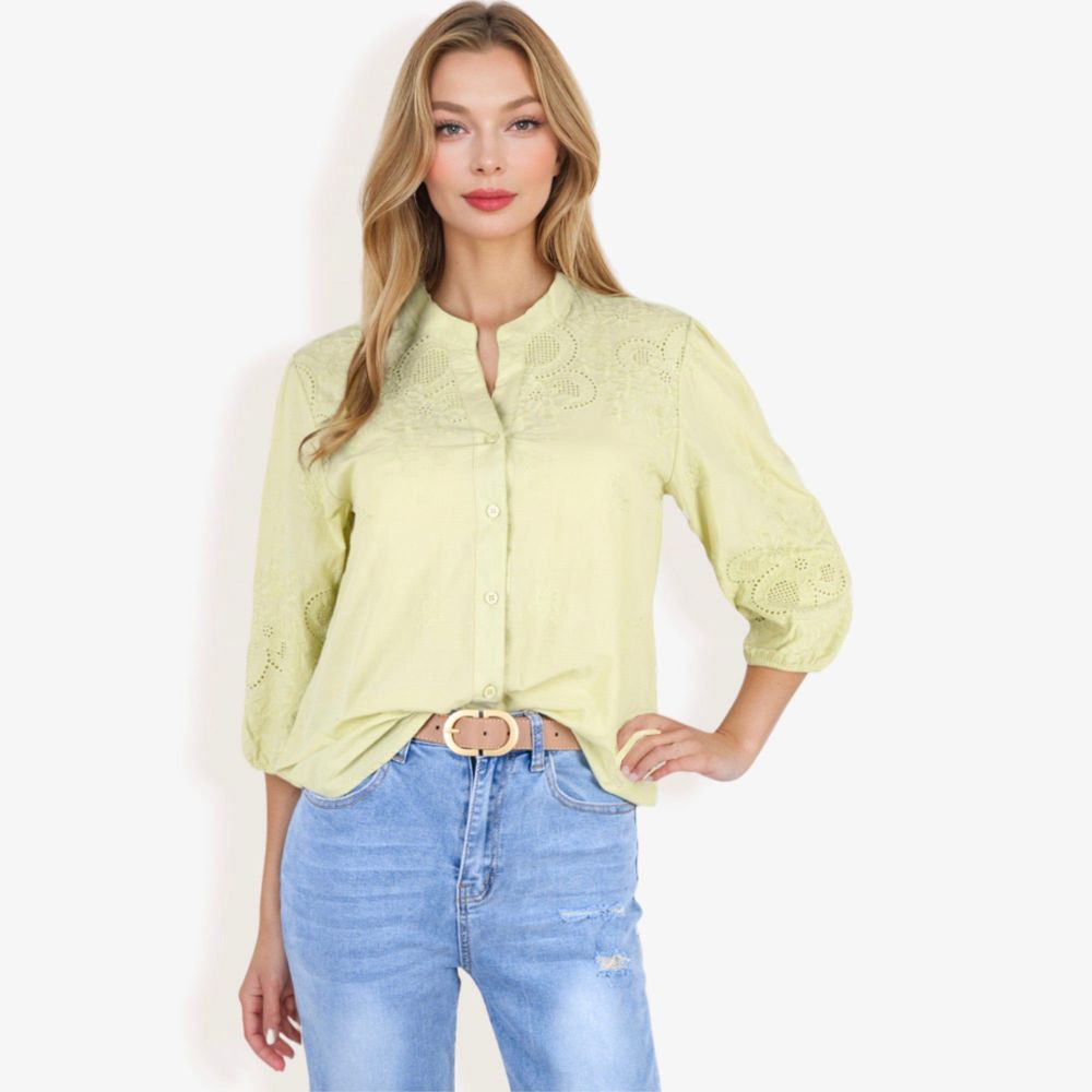 3/4 Sleeve Button Down Shirt With Embroidered Eyelet Details And V-Neck Collar