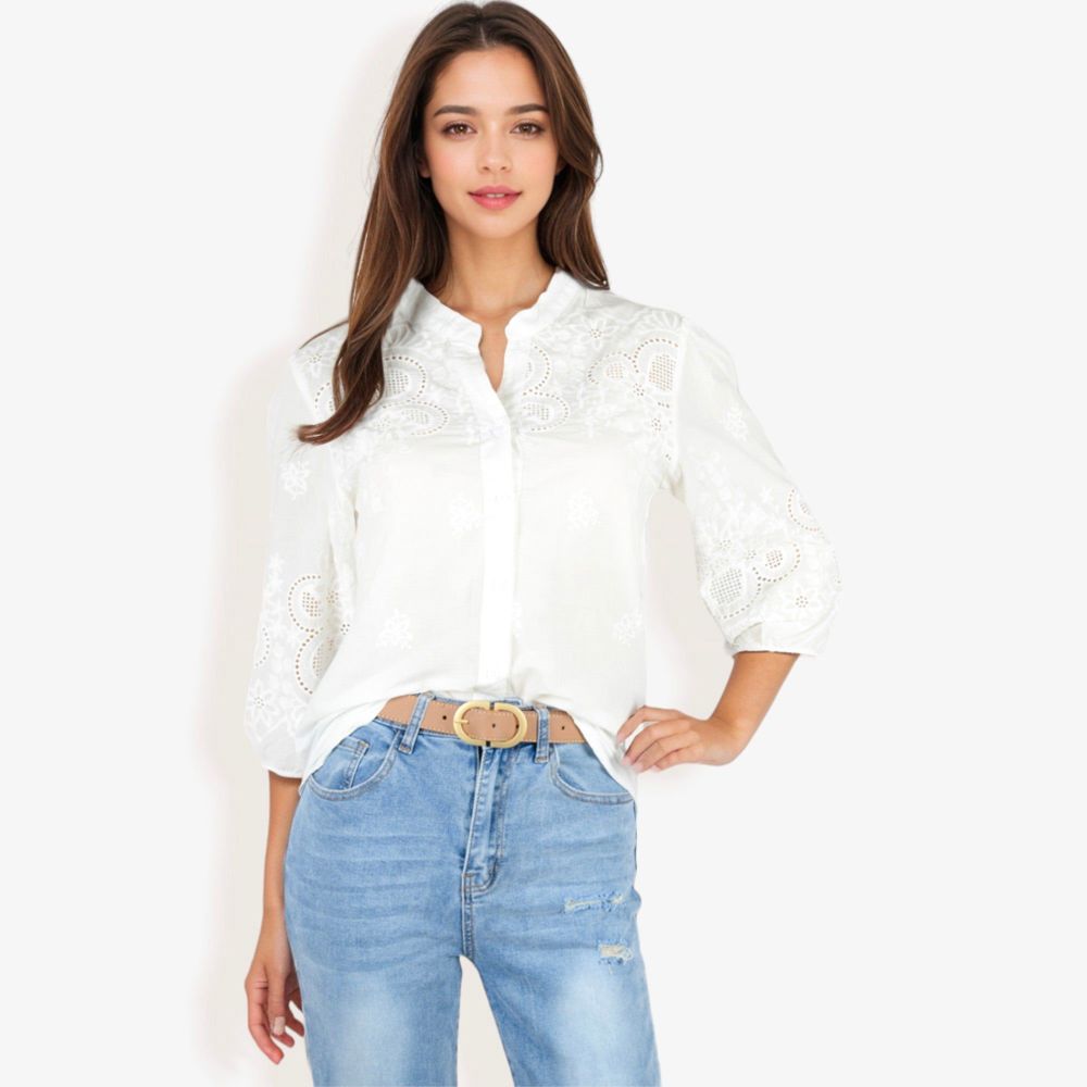 3/4 Sleeve Button Down Shirt With Embroidered Eyelet Details And V-Neck Collar