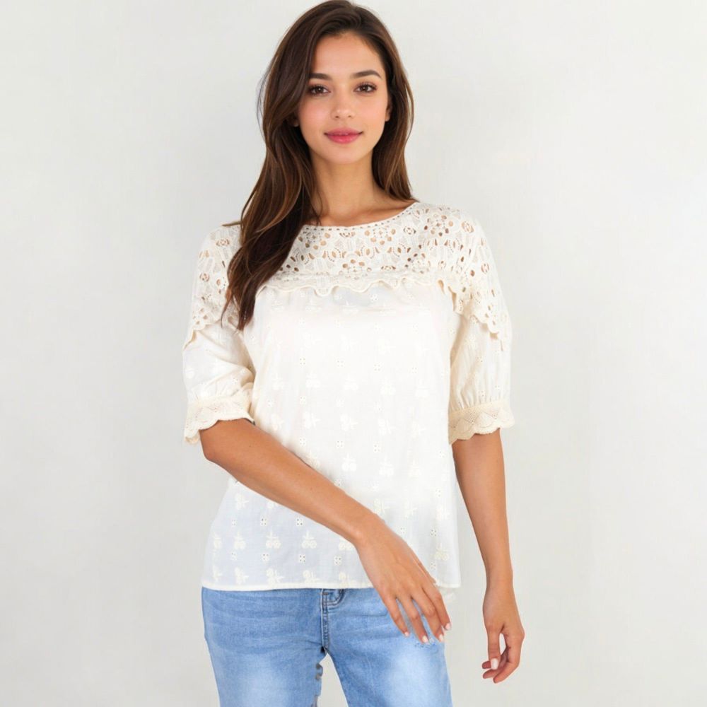 Half Sleeve Lace Yoke Floral Eyelet Casual Blouse