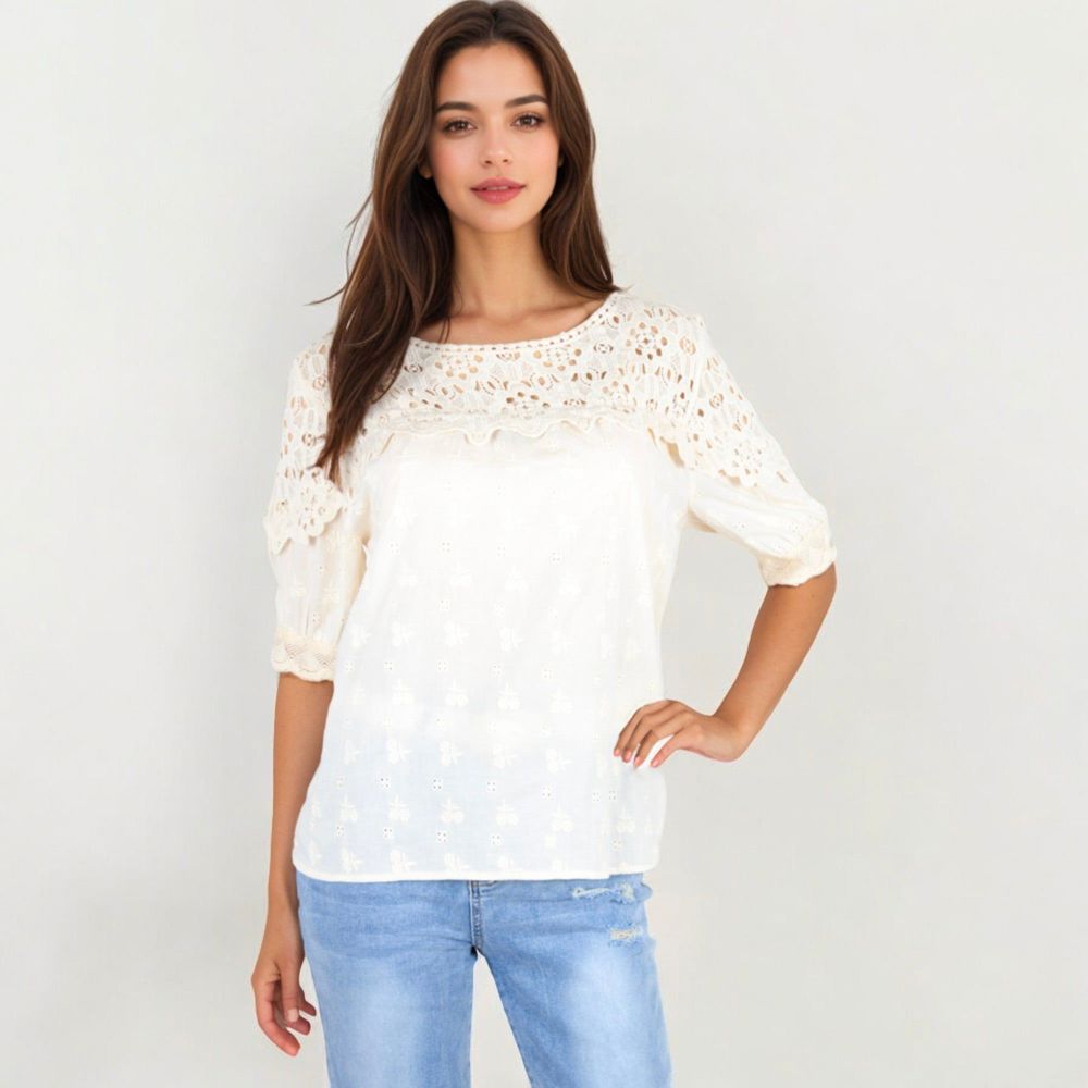 Half Sleeve Lace Yoke Floral Eyelet Casual Blouse