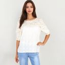 Beige Medium Half Sleeve Lace Yoke Floral Eyelet Casual Blouse