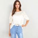 Beige Medium Half Sleeve Lace Yoke Floral Eyelet Casual Blouse