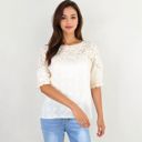 Beige Medium Half Sleeve Lace Yoke Floral Eyelet Casual Blouse