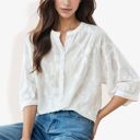  3/4 Sleeve Button Down Shirt With Floral Embroidered Details, V-Neck, Lightweight