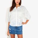  3/4 Sleeve Button Down Shirt With Floral Embroidered Details, V-Neck, Lightweight