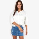  3/4 Sleeve Button Down Shirt With Floral Embroidered Details, V-Neck, Lightweight