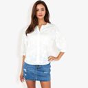  3/4 Sleeve Button Down Shirt With Floral Embroidered Details, V-Neck, Lightweight