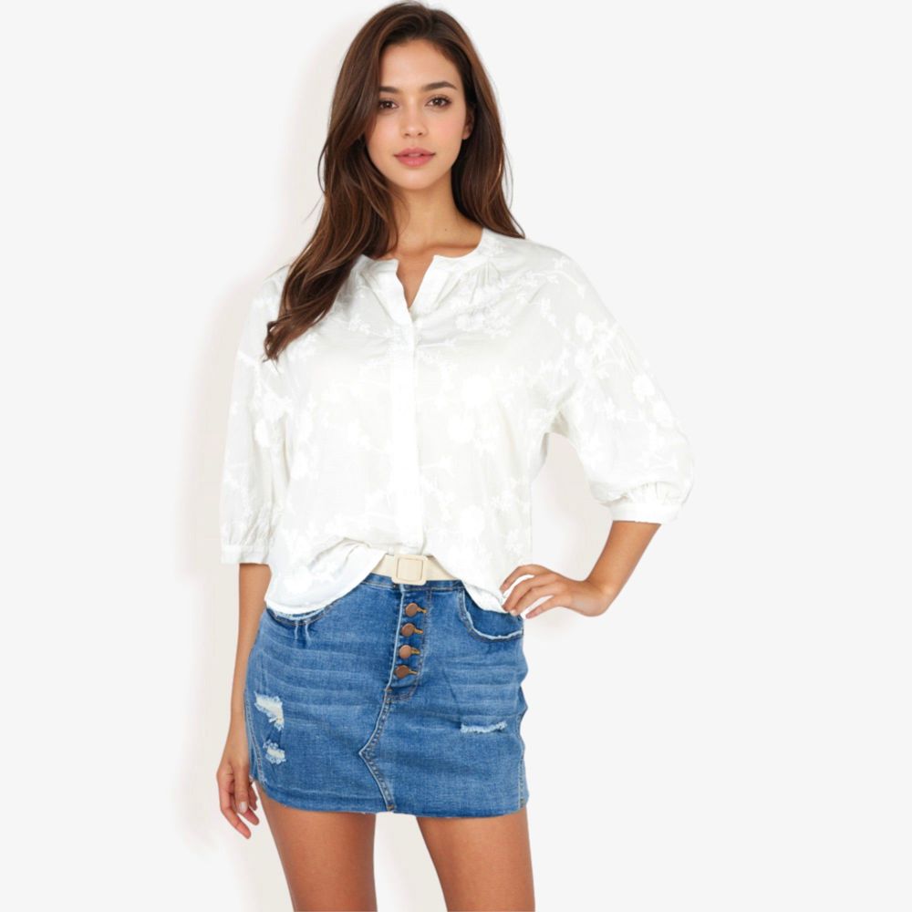 3/4 Sleeve Button Down Shirt With Floral Embroidered Details, V-Neck, Lightweight