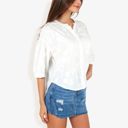  3/4 Sleeve Button Down Shirt With Floral Embroidered Details, V-Neck, Lightweight