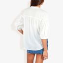 White Large 3/4 Sleeve Button Down Shirt With Floral Embroidered Details, V-Neck, Lightweight