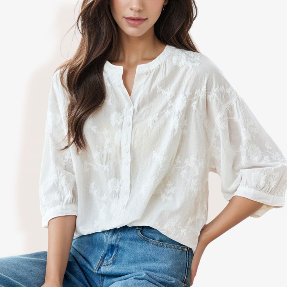 3/4 Sleeve Button Down Shirt With Floral Embroidered Details, V-Neck, Lightweight