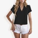 Black Large V-Neck Blouse With Flutter Sleeves And Lace Trim Detail