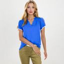 Blue Large V-Neck Blouse With Flutter Sleeves And Lace Trim Detail