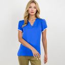 Blue Large V-Neck Blouse With Flutter Sleeves And Lace Trim Detail