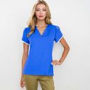 Blue Large V-Neck Blouse With Flutter Sleeves And Lace Trim Detail