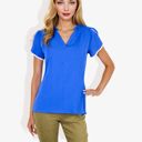 Blue Medium V-Neck Blouse With Flutter Sleeves And Lace Trim Detail