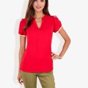 Red Large V-Neck Blouse With Flutter Sleeves And Lace Trim Detail