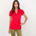 Red Medium V-Neck Blouse With Flutter Sleeves And Lace Trim Detail