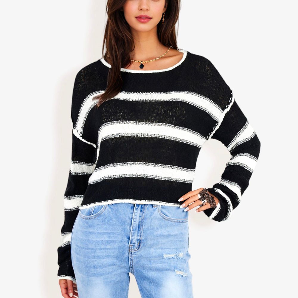 Long Sleeve Striped Sweater With Crew Neck, Cropped Fit