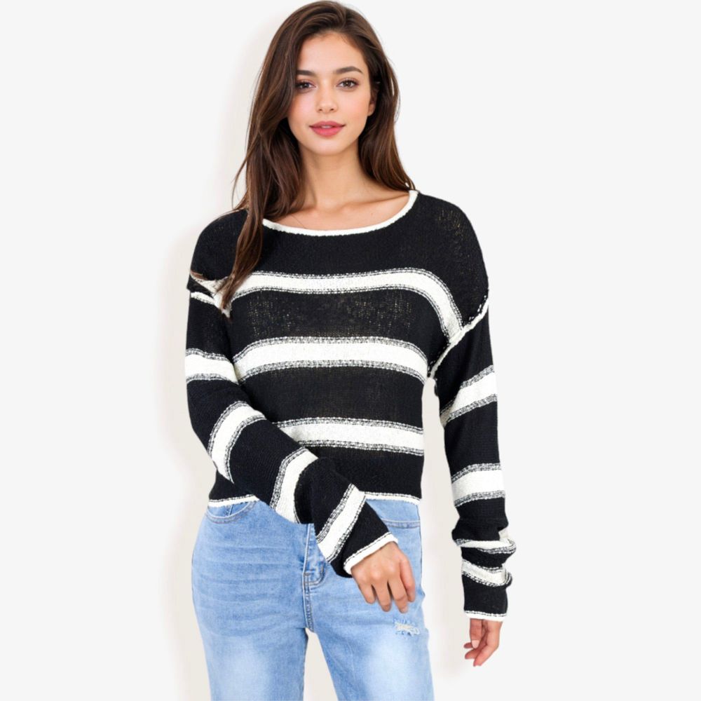 Long Sleeve Striped Sweater With Crew Neck, Cropped Fit