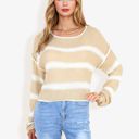 Beige Large Long Sleeve Striped Sweater With Crew Neck, Cropped Fit