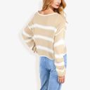 Beige Large Long Sleeve Striped Sweater With Crew Neck, Cropped Fit