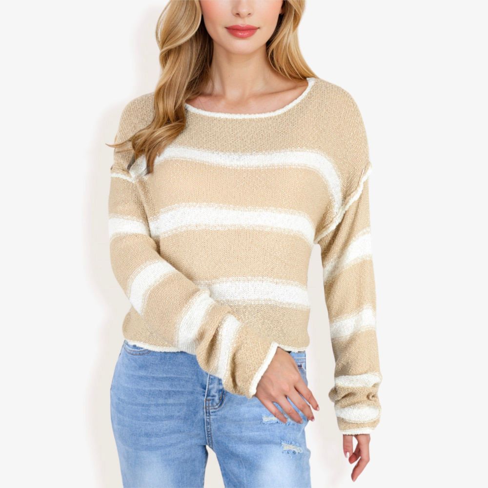 Long Sleeve Striped Sweater With Crew Neck, Cropped Fit