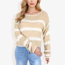 Beige Large Long Sleeve Striped Sweater With Crew Neck, Cropped Fit