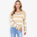 Beige Large Long Sleeve Striped Sweater With Crew Neck, Cropped Fit