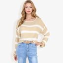 Beige Large Long Sleeve Striped Sweater With Crew Neck, Cropped Fit