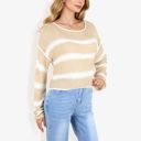 Beige Large Long Sleeve Striped Sweater With Crew Neck, Cropped Fit