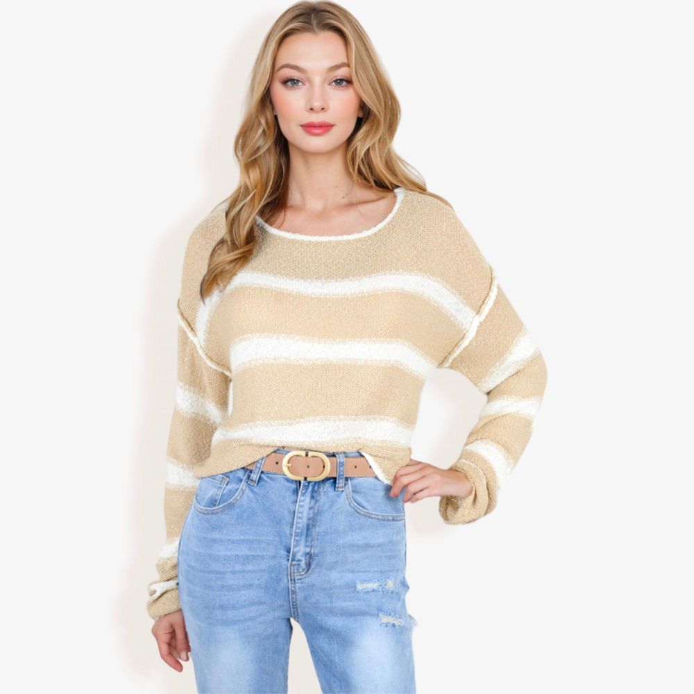 Long Sleeve Striped Sweater With Crew Neck, Cropped Fit