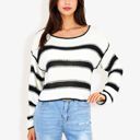 White Large Long Sleeve Striped Sweater With Crew Neck, Cropped Fit