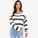 White Large Long Sleeve Striped Sweater With Crew Neck, Cropped Fit