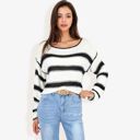 White Large Long Sleeve Striped Sweater With Crew Neck, Cropped Fit