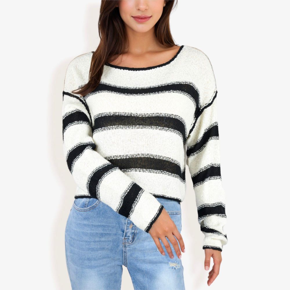 Long Sleeve Striped Sweater With Crew Neck, Cropped Fit