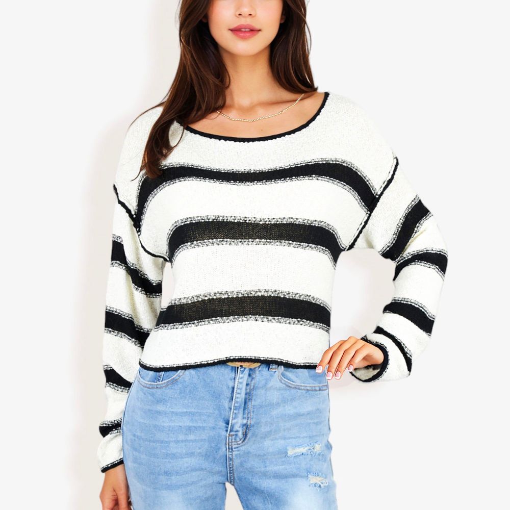 Long Sleeve Striped Sweater With Crew Neck, Cropped Fit