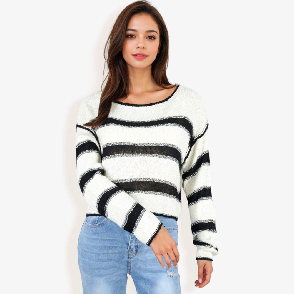 Long Sleeve Striped Sweater With Crew Neck, Cropped Fit