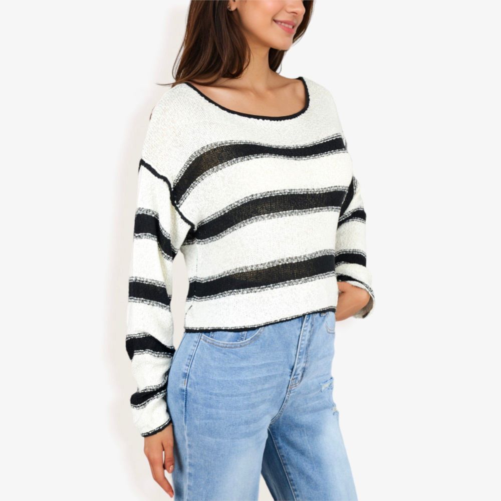 Long Sleeve Striped Sweater With Crew Neck, Cropped Fit