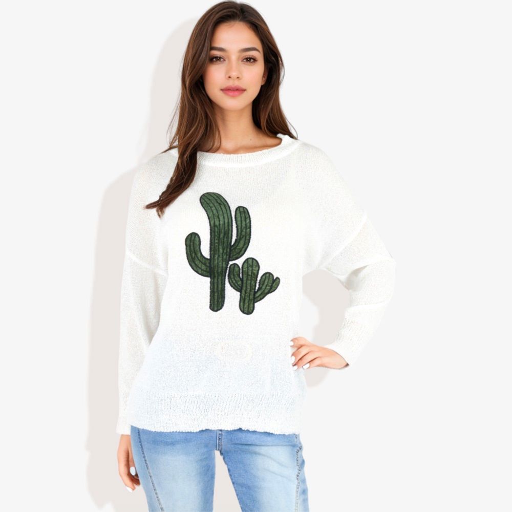 Long Sleeve Knit Sweater with Cactus Embroidery