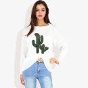 White Large Long Sleeve Knit Sweater with Cactus Embroidery