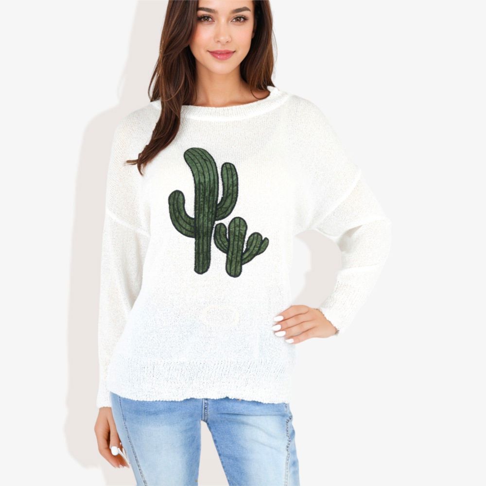 Long Sleeve Knit Sweater with Cactus Embroidery