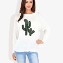 White Large Long Sleeve Knit Sweater with Cactus Embroidery